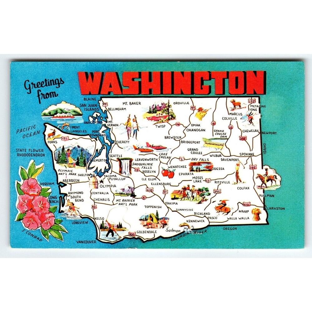 Vintage Postcard Greetings From Washington State Map Postcard Ellis Chrome